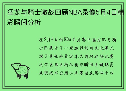 猛龙与骑士激战回顾NBA录像5月4日精彩瞬间分析